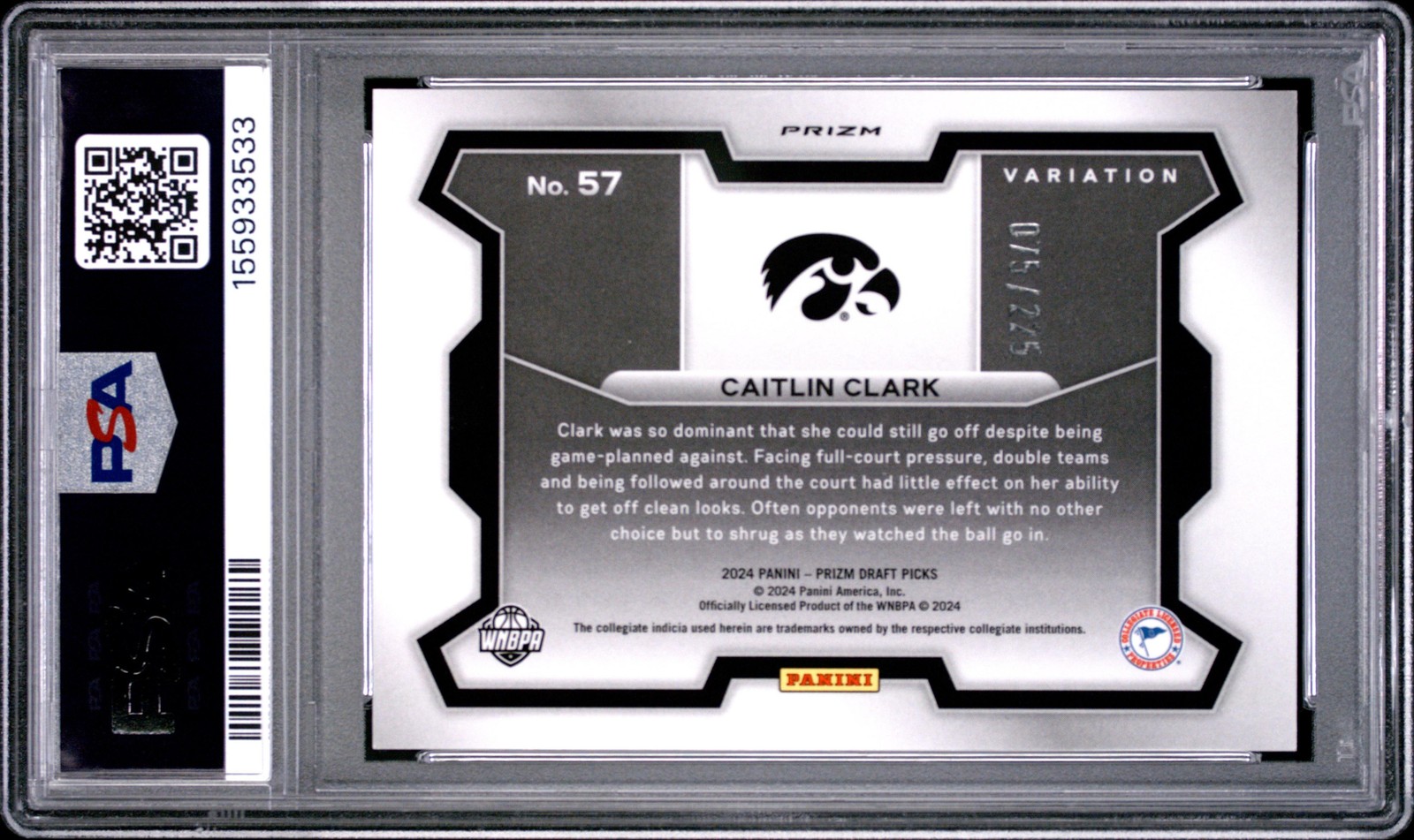 3533 Caitlin Clark 2024 Panini Prizm Draft Picks Red Seismic RC VAR /225 PSA 10 view 2