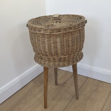Vintage Wicker Sewing Basket On Legs 55cm Tall 30cm Wide Lidded Storage