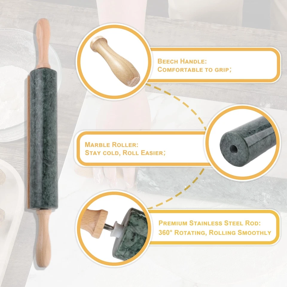 Marble Rolling Pin, Non-Stick Stone Dough Roller, Rolling Pin for Baking,Past... - Image 3 of 4