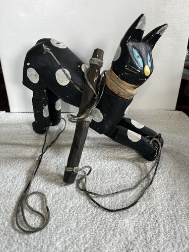 Pupazzo marionetta gatto in legno fatto a mano vintage gatto nero macchie bianche - Foto 2 di 7