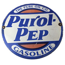 Vintage Pure Oil Co Porcelain Purol Pep Gasoline Service Station Pump Plate Sign