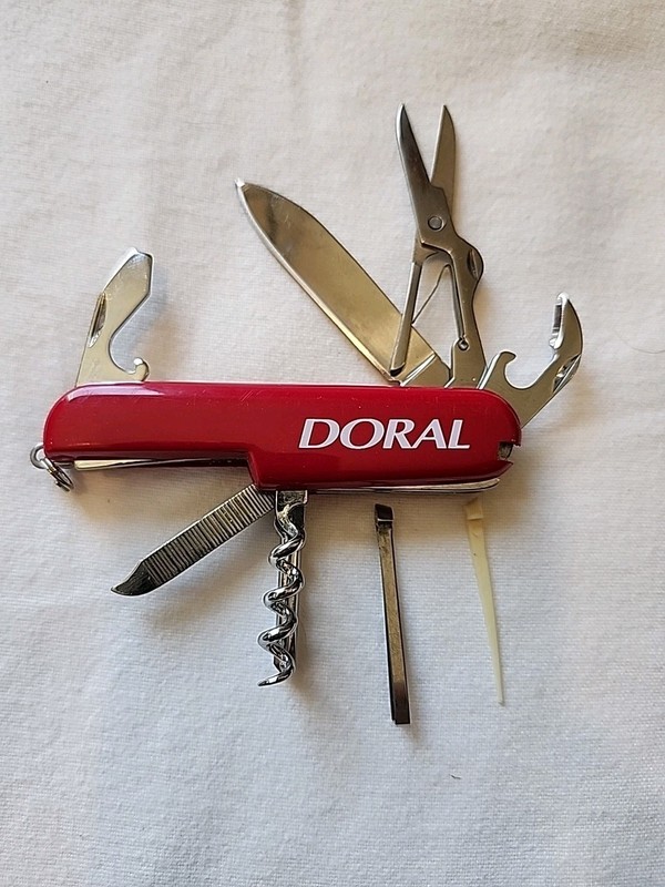 DORAL CIGARETTES RED Multi -tool pocket knife GOOD CONDITION W/ tweezer & Pick