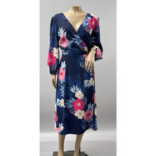 Eliza J Dress Women 16 Navy Blue Floral Midi 3/4 Puff Sleeve Wedding Event