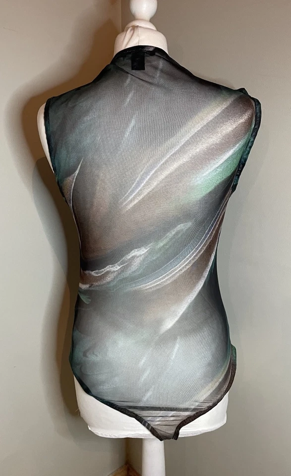 Pretty Little Thing, Mesh Body. Abstract Green Brown Pattern Size 12 Sheer Back - Image 4 of 4
