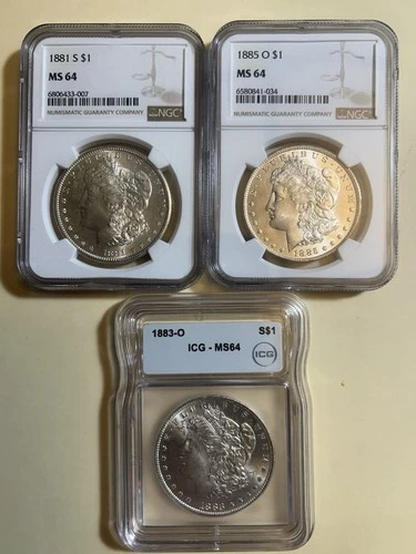 LOT OF (3) BEAUTIFUL GRADED MS64 NGC & iCG MORGAN SILVER DOLLARS 🔥🔥📈📈