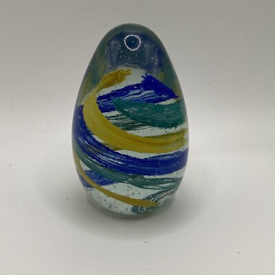 Greenbrier International  Teardrop  Egg Shaped Glass Paperweight Blue Yellow C2