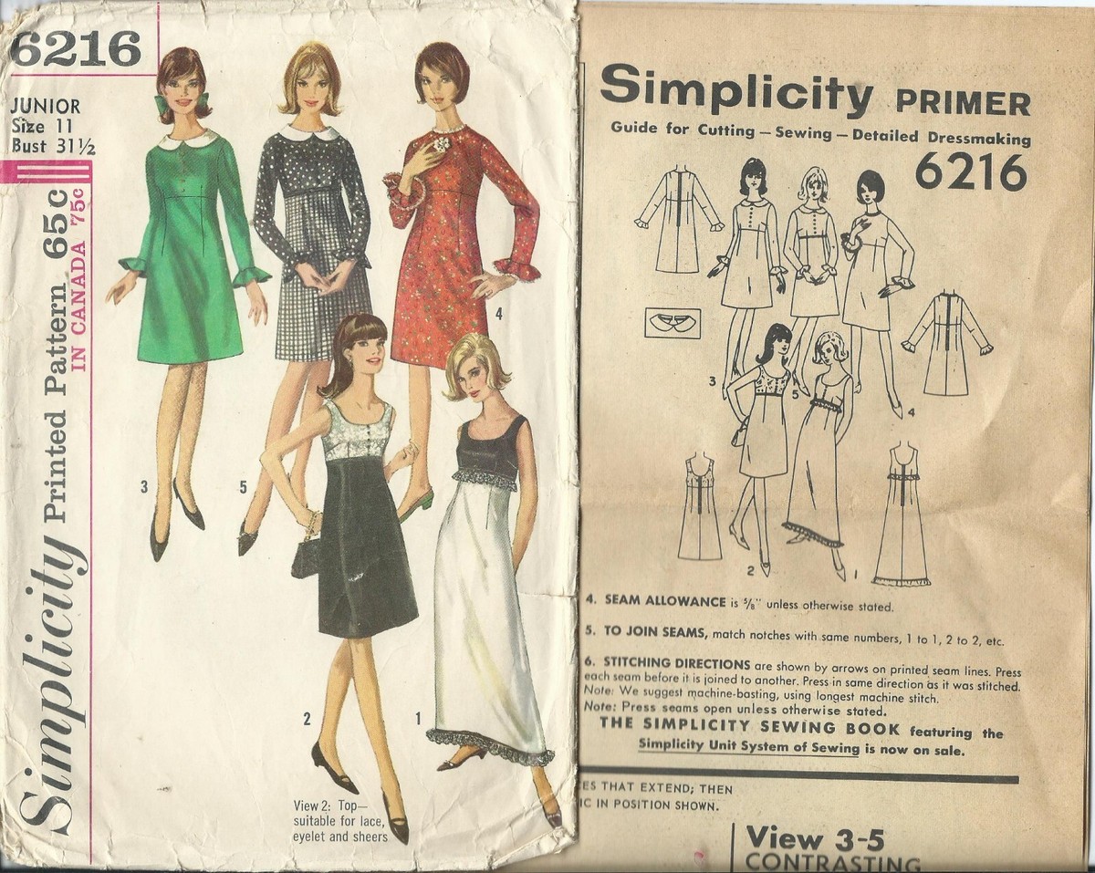 S 6216 sewing pattern 60's empire waist DRESS in 2 lengths sew FABULOUS size 11