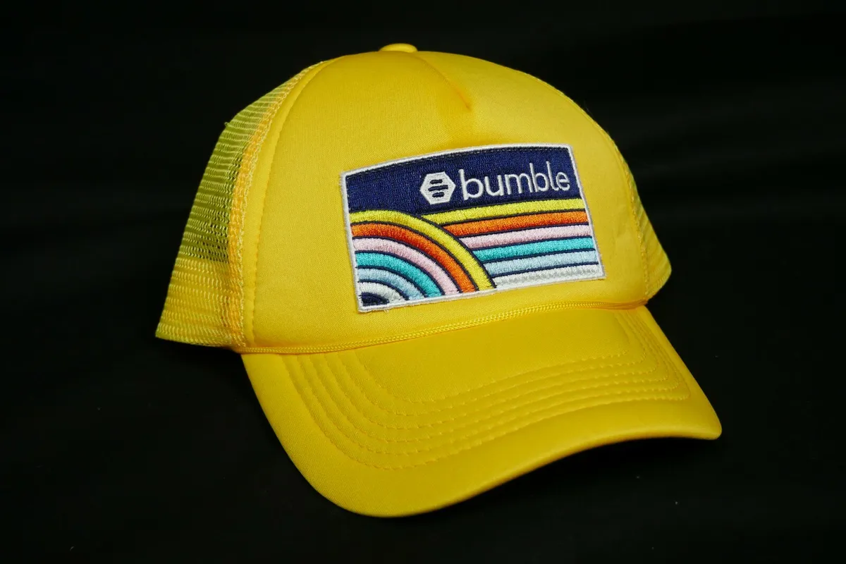 Bumble Social Dating App Yellow Rainbow Patch Mesh Cap Hat Funny