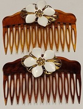 Vintage Floral Hair Combs Pair Metal White Goldtone Flowers 2" x 3" Accessory