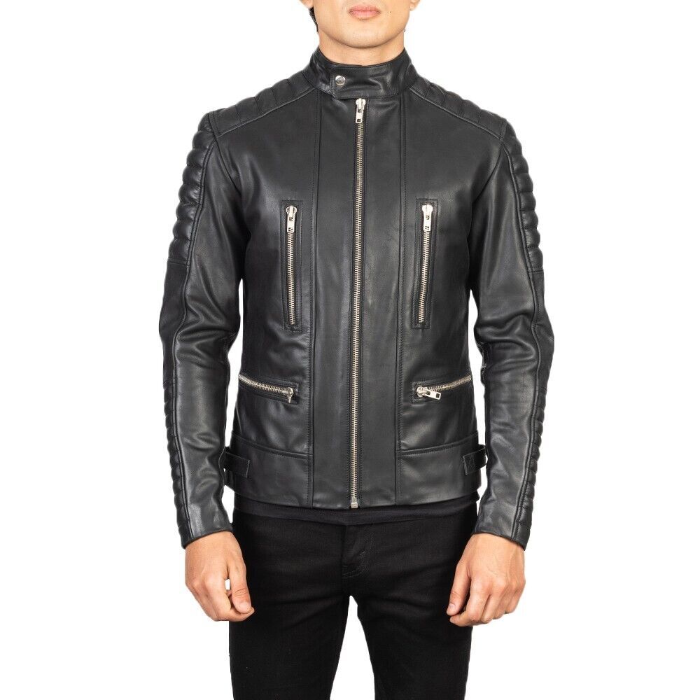 Leather Jacket Men's Biker Coat Racer Motorcycle Cafe Vintage Lambskin Black 48-image