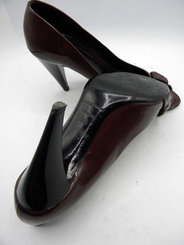 Burberry Chocolate Brown Ruffled Patent Leather Peep-toe Pumps Size 38.5 Italy - Picture 15 of 20