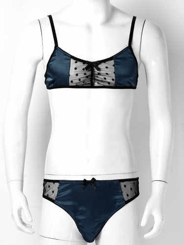Männer Sissy Dessous-Set Satin Sheer Mesh Bustier BH Top mit Slip Unterwäsche - Bild 15 von 68
