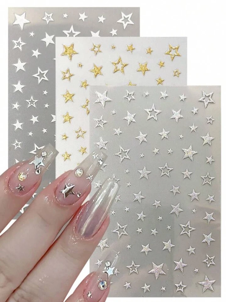 Glittery Stars Nail Art Stickers Transfers Silver Gold White Christmas Star F966