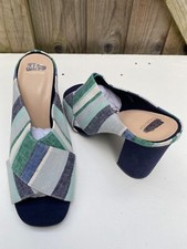 NEW M&S HIGH BLOCK HEEL CROSSOVER OPEN TOE CANVAS MULES UK 5.5 - BLUE/GREEN MIX