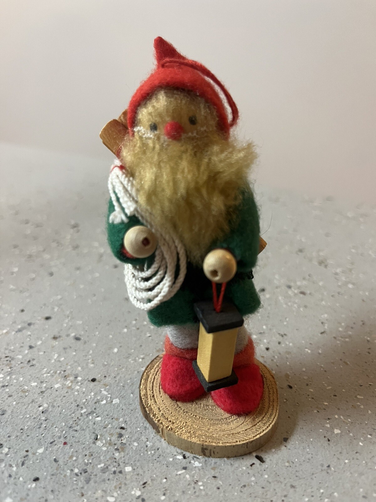 VTG Hand Felted Woodland Gnome Elf Ornament Nordic Green Coat With Rope & Wood