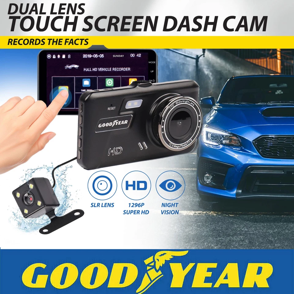 Dual Lens Touch Screen Car Dash Cam with Rear Camera 4" HD Display Night Vision
