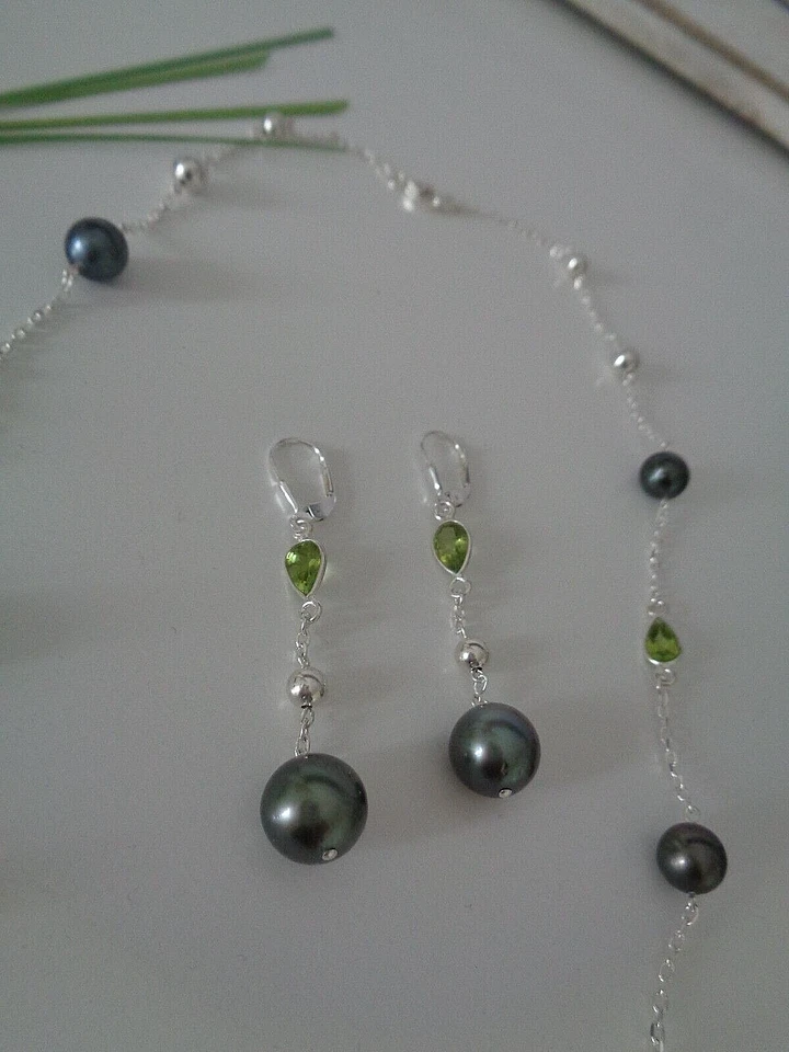 Perlenohrringe Silber Peridot Tahiti Perlen Tahiti Perlen Ohrringe - Bild 2 von 4