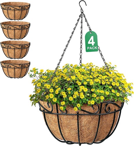 4 Pack 14 Inch Plant Hanging Baskets Metal Hanging Planter Flower Pots Outdoo...