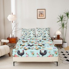 Hen Rooster Print Bed Sheet Set Farmhouse Animals Fitted Sheet for Boys Girls...