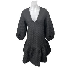 NEW ASOS Black Quilted Plunge Neck Balloon Sleeve Tiered Ruffle Hem Dress Size 2