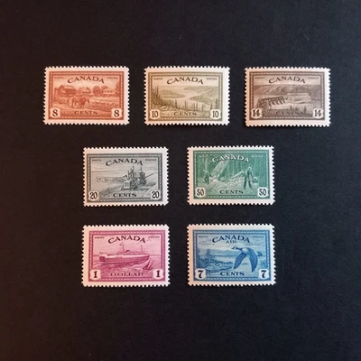 CANADA 1946/47 VARIOUS SUBJECTS + AIRMAIL, SET OF 7 LING. VALUES MH* - Image 1 of 2