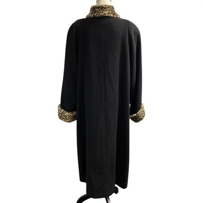 Vintage Albert Nipon Trench Coat Black Wool Blend Faux Leopard Fur