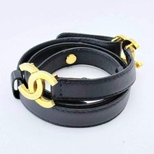 CHANEL Double CC Logo Belt Black Leather Gold Women's