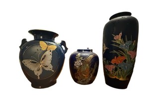 3 Japanese Cloisonné Enamel Butterfly & Floral Vases Hand Painted