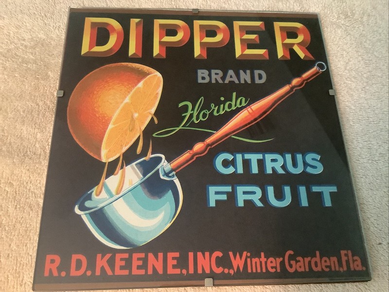 Original Vintage Dipper Citrus Orange Crate Label-Glass Framed-Winter Garden,FLA