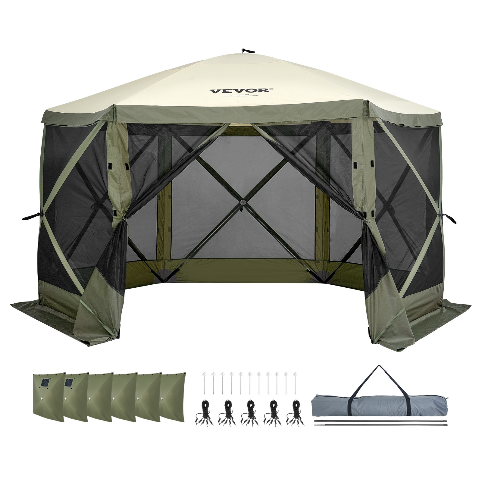 VEVOR Pop Up Gazebo Tent Pop-Up Screen Tent 6 Sided Canopy Sun Shelter Green