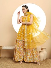 Mustard Cotton Sleeveless Kurta Palazzo Dupatta Set