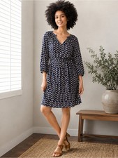 GAP Print Peasant Sleeve V-Neck Dress w/ Pockets in Blue and Beige Size XS