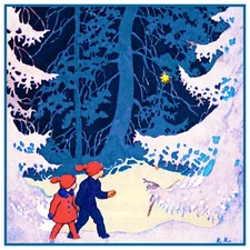 Finnish Rudolf Koivu Children on A Snowy Evening Walk Count Cross Stitch Pattern