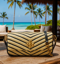 NEW Tory Burch Kira Chevron Small Convertible Shoulder Bag Natural Soft Straw