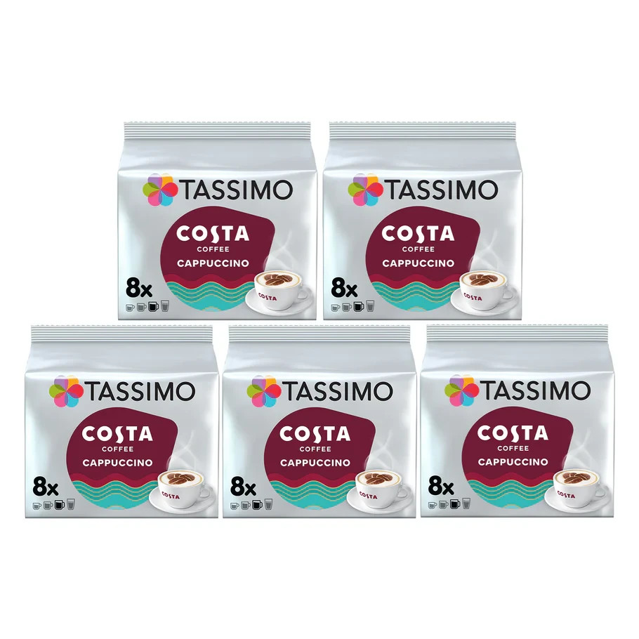 5x TASSIMO COSTA CAPPUCCINO COFFEE PACKS (TOTAL 80 T-DISCS/PODS, 40 SERVINGS)