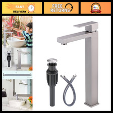 Brushed Nickel Vessel Sink Faucet - Tall Single Handle Bathroom Mixer Tap with D