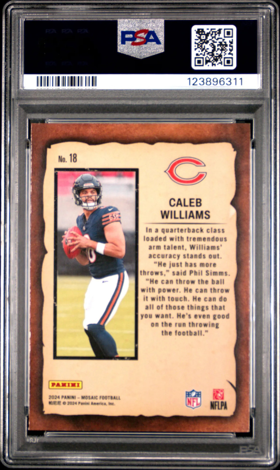 2024 Panini Mosaic Notoriety Caleb Williams #18 Rookie PSA 9 view 2