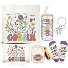 6 Pcs Gifts for Women Birthday Gift Set with 17 oz Glass Cup Canvas Tote Cousin