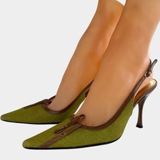 Dolce & Gabbana Retro Bow Slingback Pointed Toe Pumps Green Brown SZ US 5 EU 35