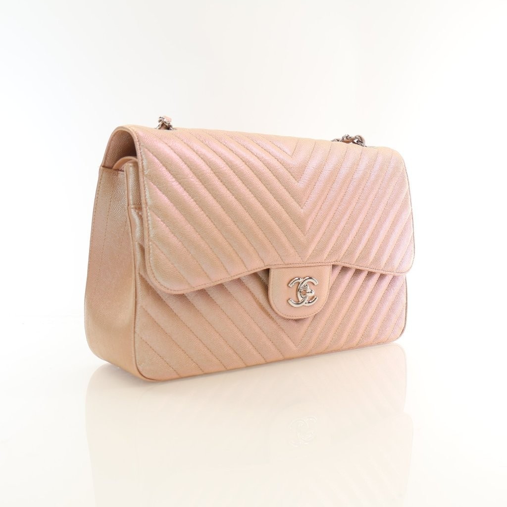 Chanel Jumbo Pink Iridescent Caviar Chevron Classic Double Flap Bag image 2