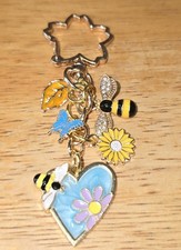 Blue Enamel Heart Bees Flowers Butterfly Spring Goldtone Purse Charm Keychain