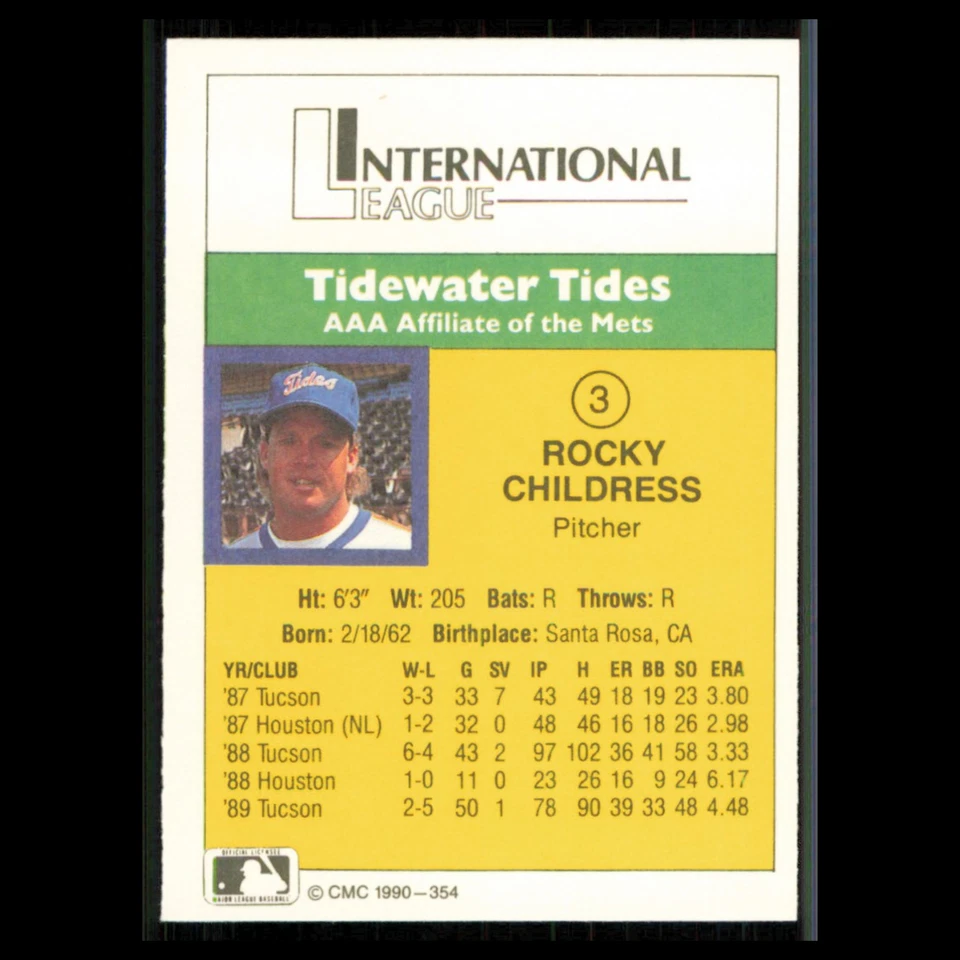 Rocky Childress #354 1990 CMC Minor League Tidewater Tides Baseball Card MLB NM - Image 2 of 3