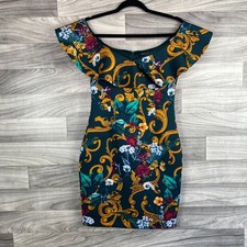Guess Bodycon Dress Women's Medium Green Floral Off The Shoulder Ruffled Trim