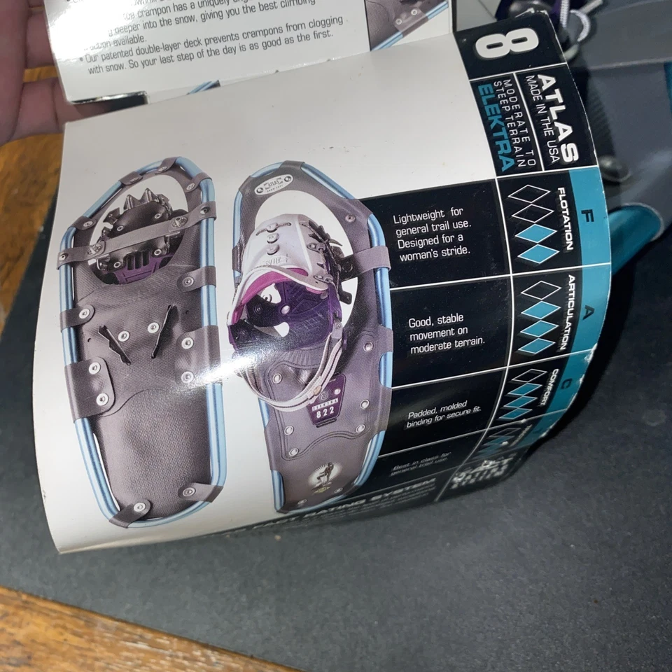 NWT Women’s Size 8 Atlas 825 Elektra Snowshoes Blue Ice Moderate-Steep Terrain - Image 3 of 4