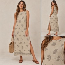 Sweet Jessie Dress Womens Medium 100% Linen Floral Print Sleeveless Midi Beige