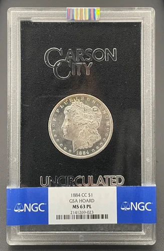 1884-CC Morgan Silver Dollar GSA Hoard NGC MS-63 Proof Like, High Grade Coin