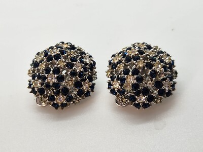 GORGEOUS VINTAGE CINER BLUE AND CLEAR RHINESTONE DOME EARRINGS CLIP-ON