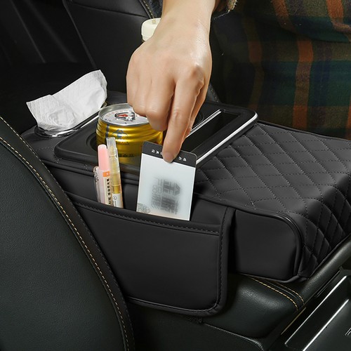 3 In 1 Car Armrest Cushion Cover 2 Bags Cup Holder Tissue Phone Slot Pocket - Picture 3 of 10