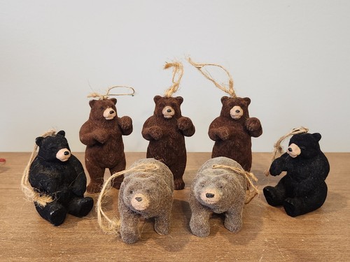 Set of 7 Vintage Flocked Brown and Black Bear Chriatmas Ornaments/Figurines