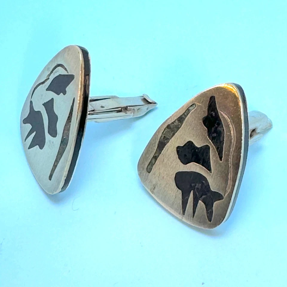 VTG Sterling Silver 925 Pierced Overlay Copper Black Turquoise Cuff Links - Image 3 of 4